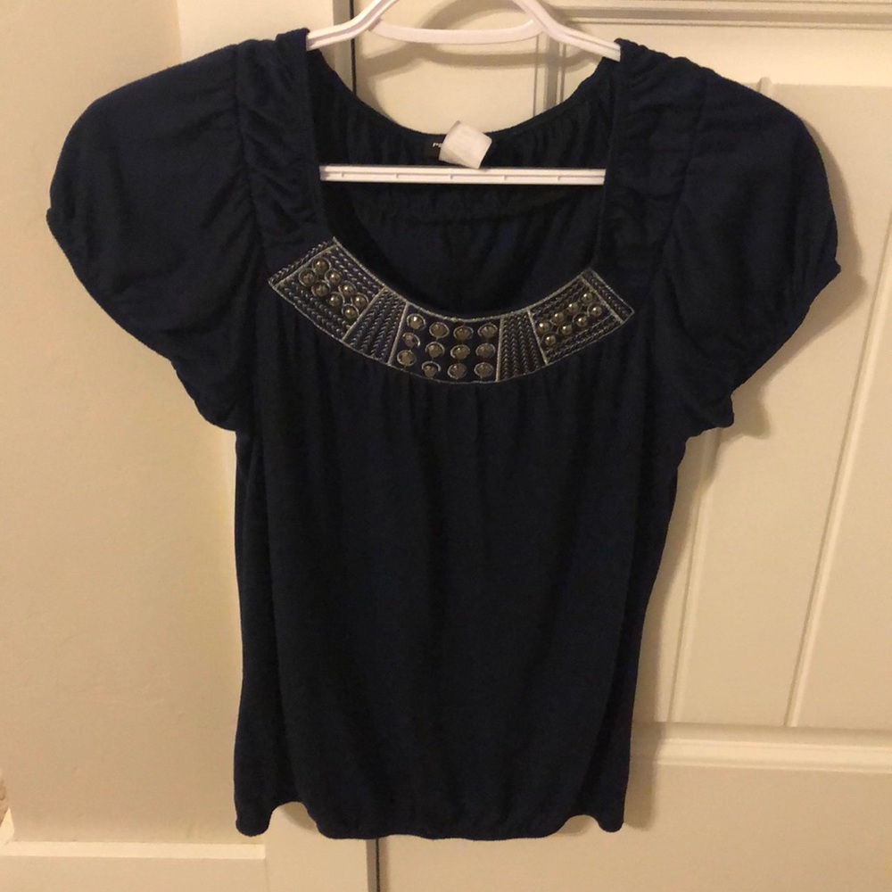 Navy top with embroidery and embellishment